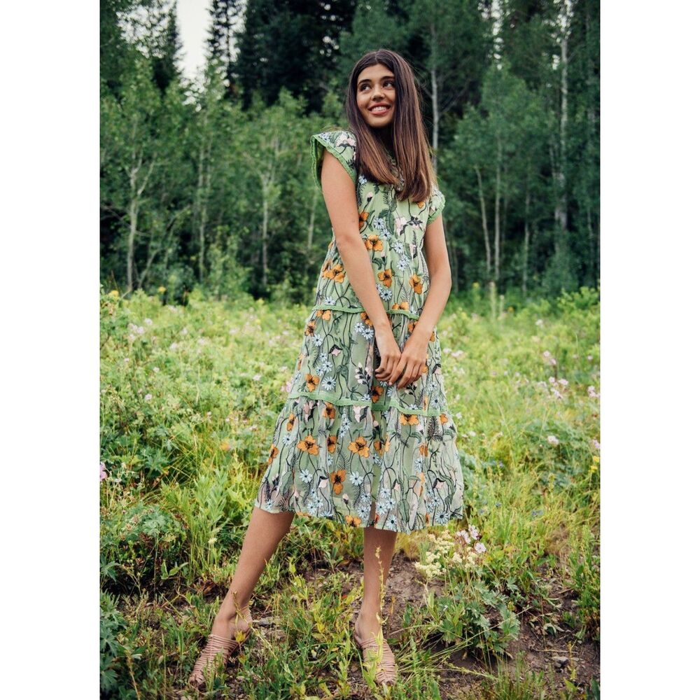 Womens JessaKae Floral Embroidered Mesh Midi Dress Green Orange Size L